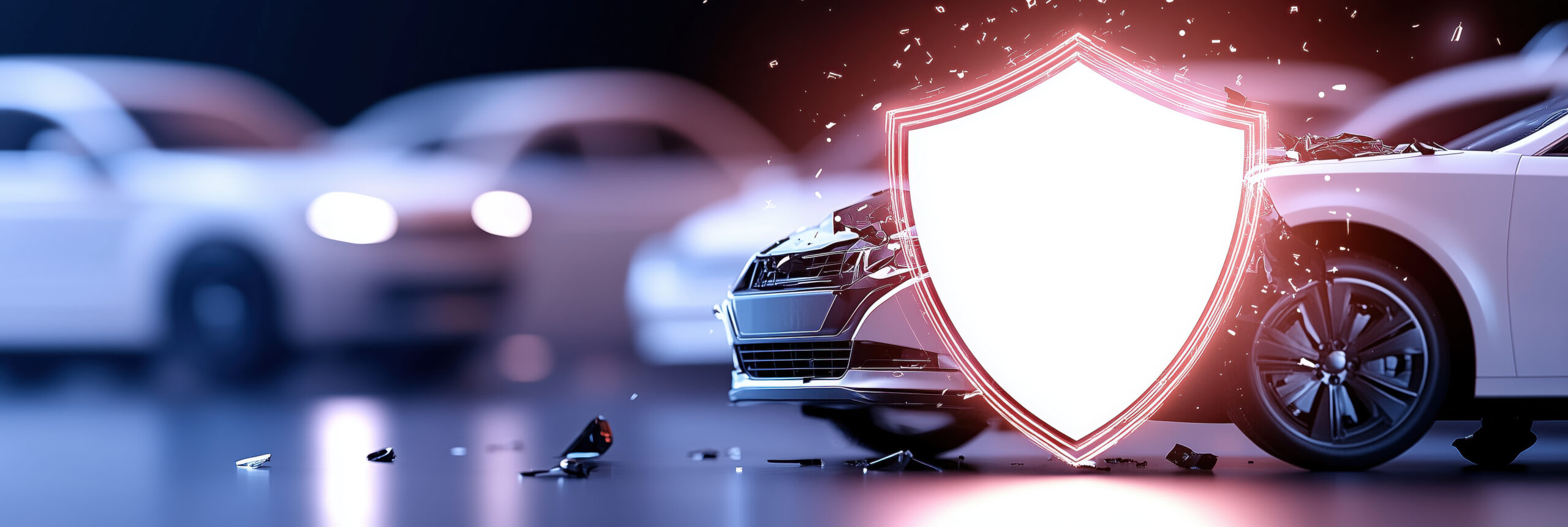 insurance concept featuring car crash with damaged vehicles shield symbolizing protection scaled